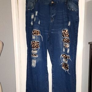 Leopard Patch Distressed Blue Jeans Sz 4XL